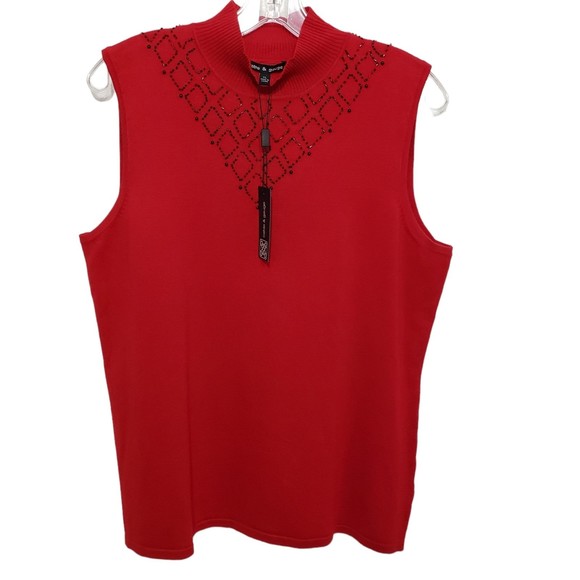 Cable & Gauge XL Sleeveless Red Blouse with Mock Neck, Jeweled Neck Decor - Picture 1 of 10